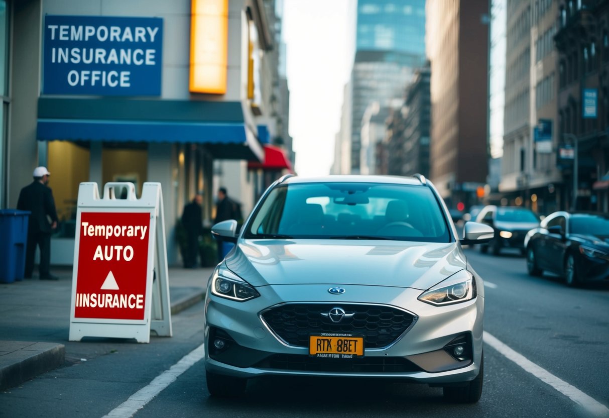 Une voiture garée devant un bureau d'assurance temporaire avec une enseigne affichant "Assurance auto temporaire" dans une rue animée de la ville.