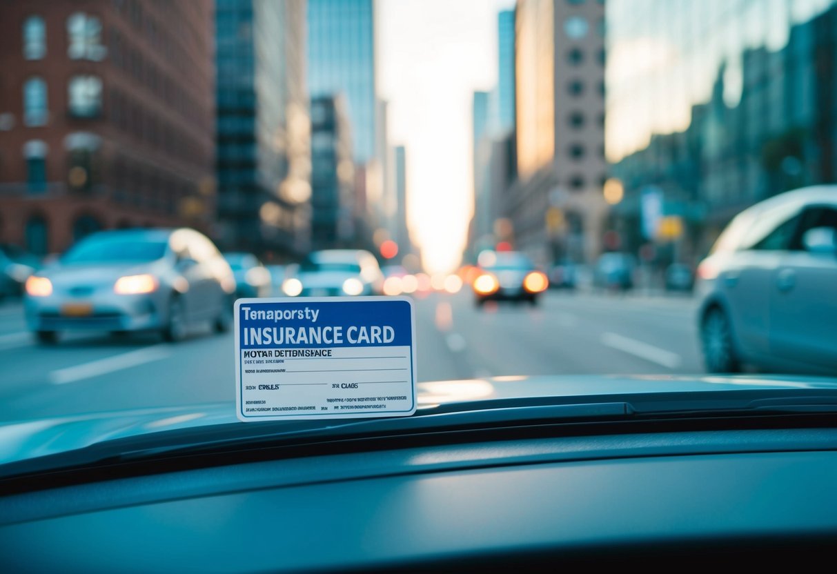 Une voiture circulant dans une ville avec une carte d'assurance temporaire affichée sur le tableau de bord