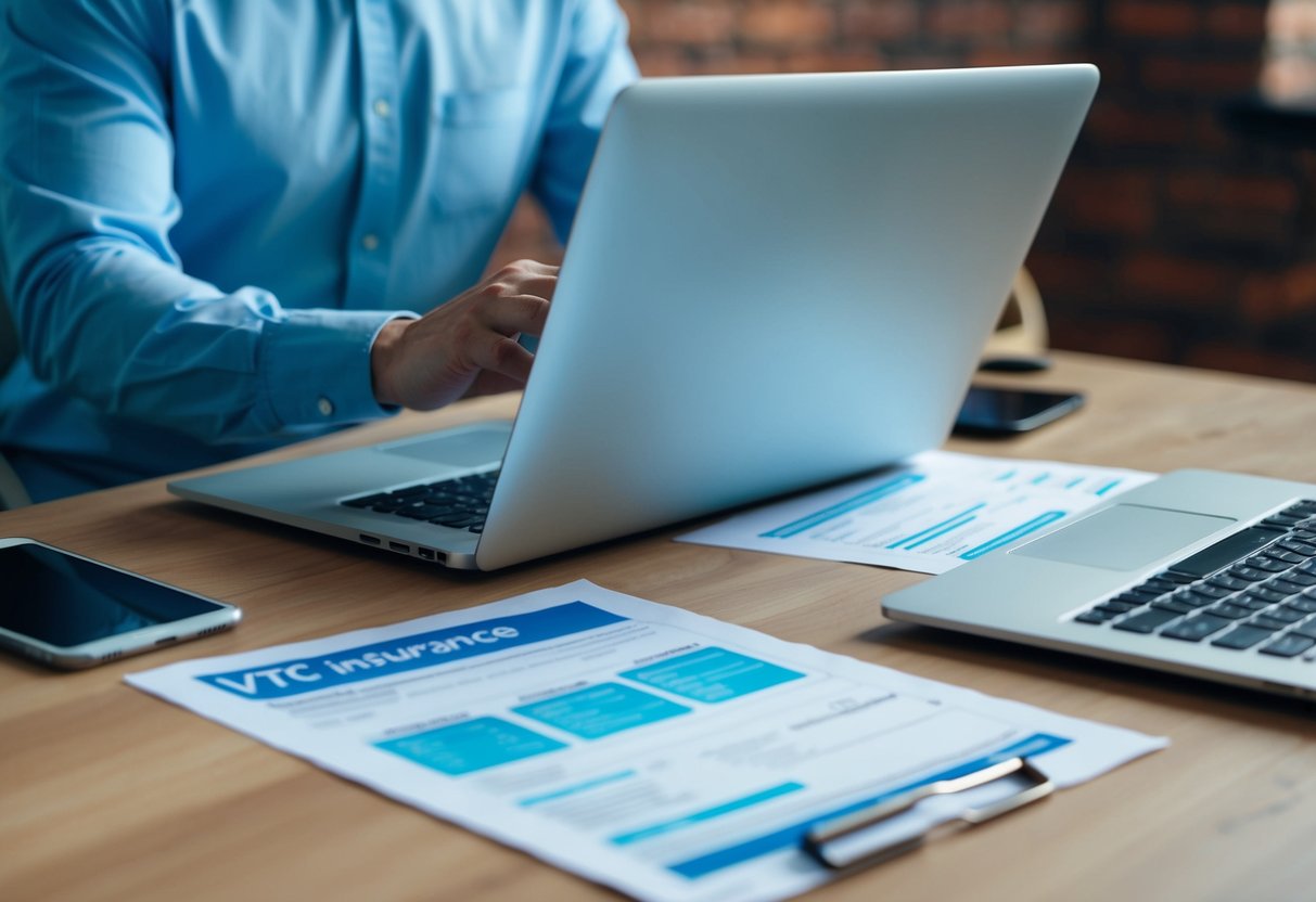 Une personne comparant différentes options d'assurance VTC avec un ordinateur portable et des documents étalés sur un bureau.
