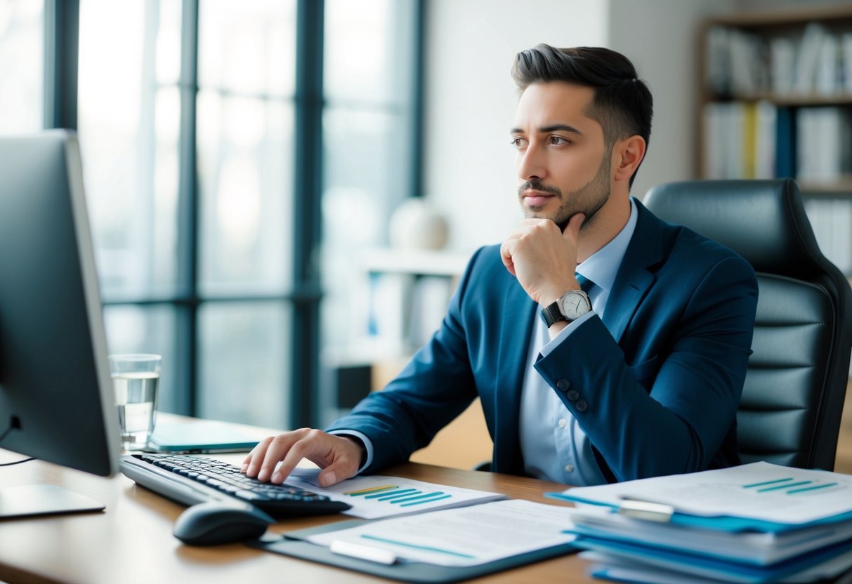 Un chauffeur de VTC recherchant des options d'assurance, entouré de documents et d'un ordinateur, avec une expression pensive.