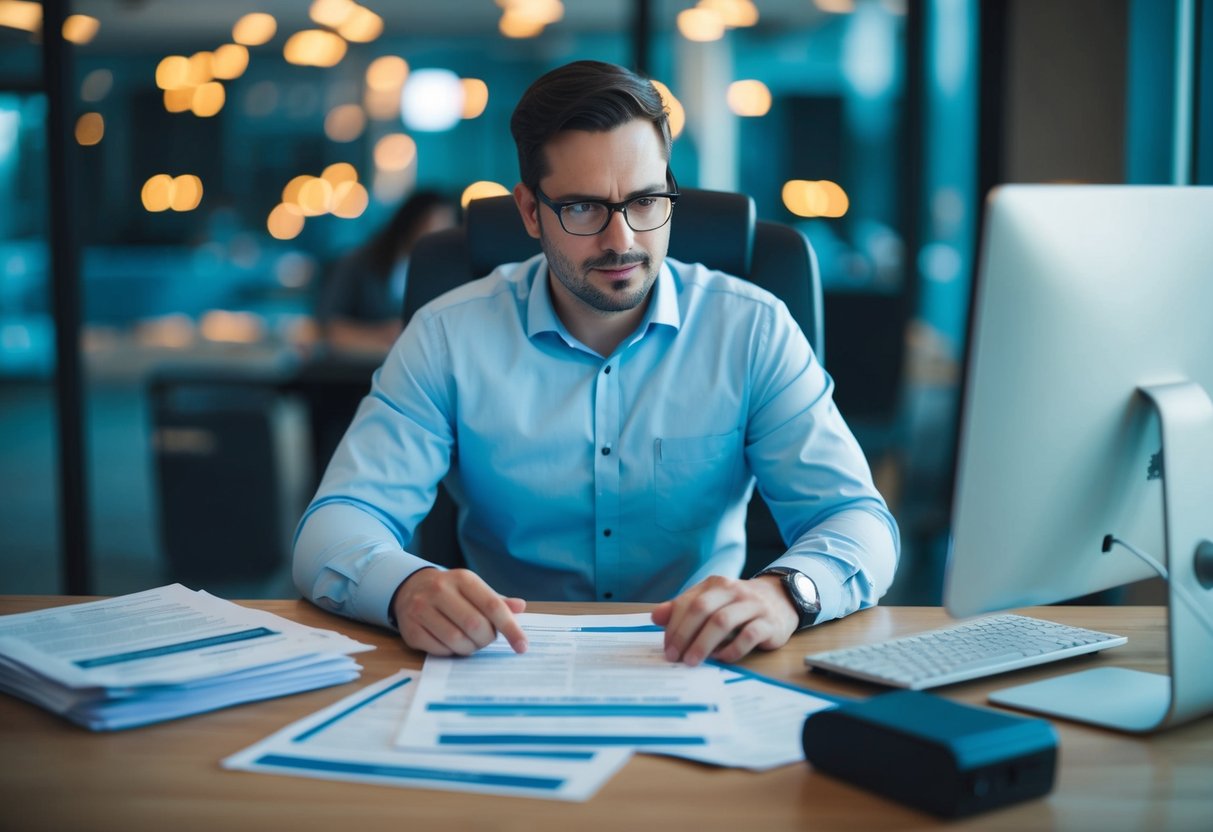 Un chauffeur de VTC comparant des offres d'assurance, entouré de paperasse et d'un ordinateur, contemplant différentes options.