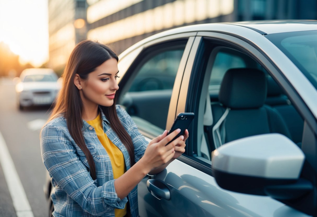 Une personne se tenant à côté d'une voiture avec un permis suspendu, cherchant une assurance auto sur un smartphone