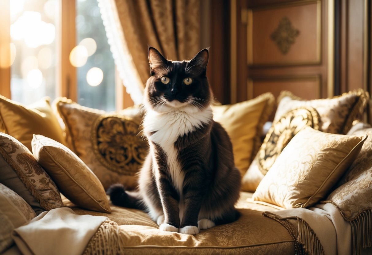 Un chat birman royal assis dans une pièce ensoleillée, entouré de coussins ornés et drapé dans des tissus luxueux.