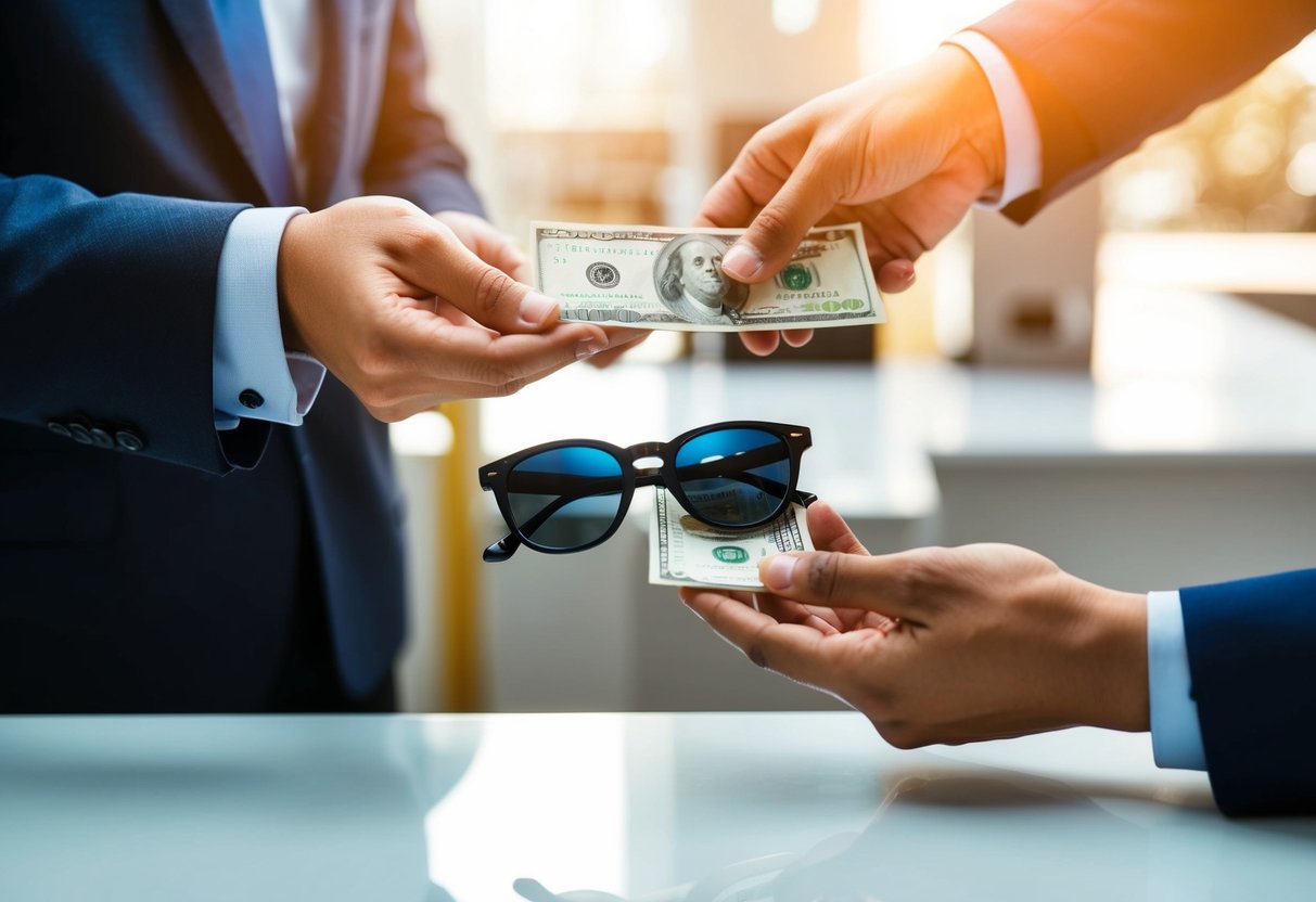 Comment sont remboursées les lunettes de soleil ? 2 Une personne recevant de l'argent d'un caissier en échange d'une paire de lunettes de soleil