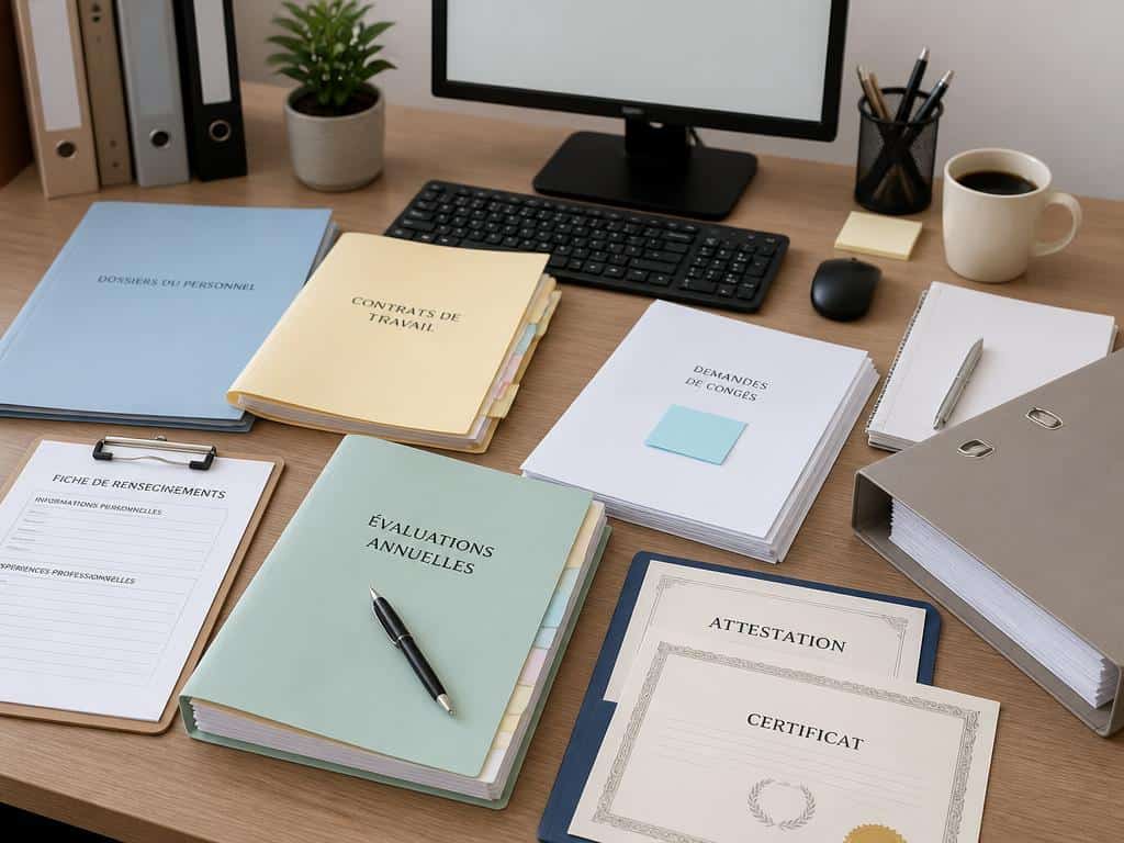 Bureau administratif avec dossiers et documents organisés sur un bureau professionnel